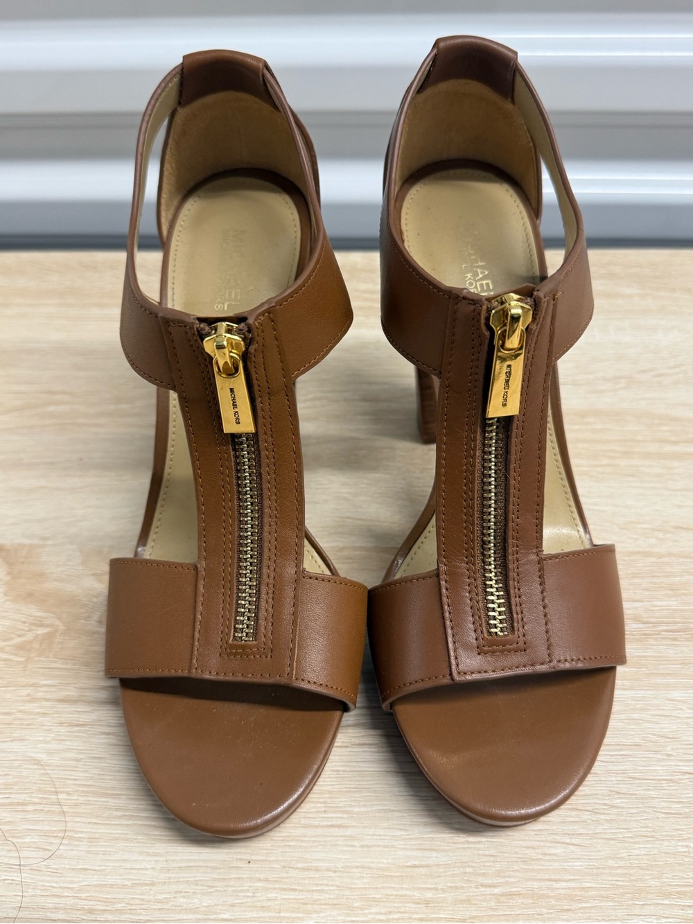 Michael Kors Brown Leather Zip T-Strap Block Heel Sandals